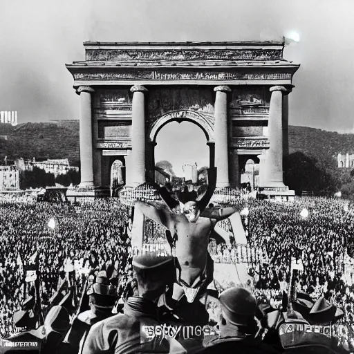 Image similar to black and white photograph of adolf hitler at the triumphal arch victorious after winning the 2 nd world war, while enslaved and chained blacks are seen through the streets under the watchful eye of nazi troops