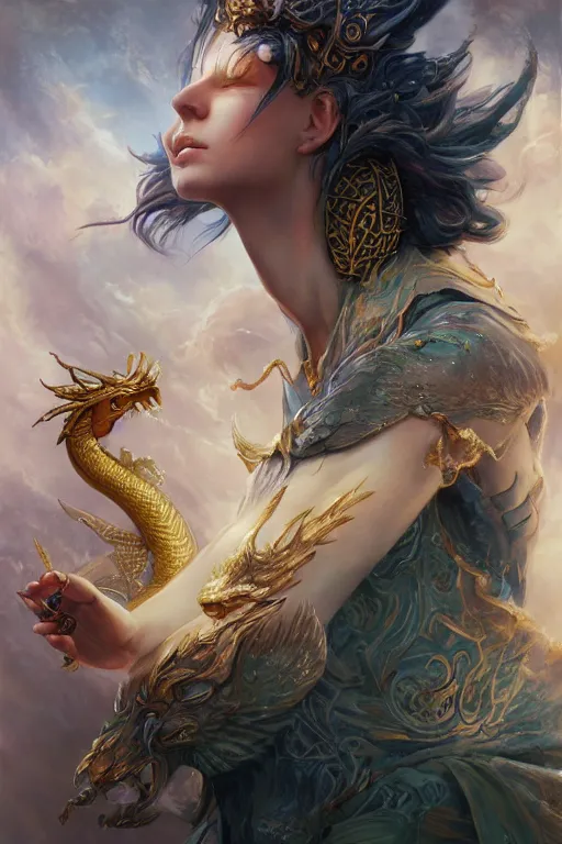 Prompt: beautiful girl sorcerer looking up with fire and golden dragon skin, celtic rune tattoos, casting magic spell, angel, fantasy, magic the gathering, hyper detailed, 3 d render, hyper realistic detailed portrait, peter mohrbacher, wlop, ruan jia, luis royo