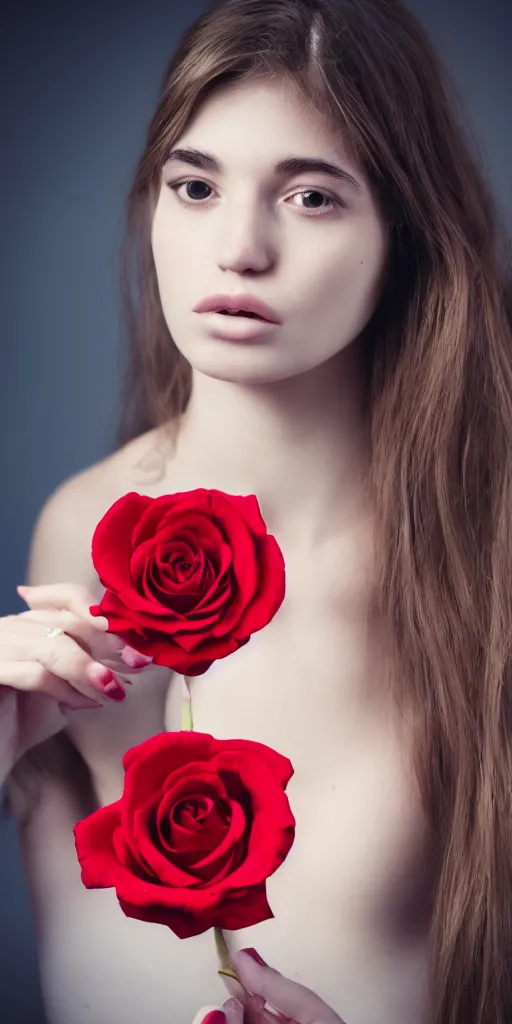 Image similar to a 2 0 years old woman touching a pastel red rose, dramatic angle, pastel style, portrait, beautiful face