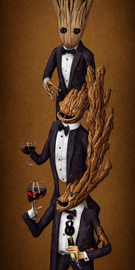 Image similar to realistic groot as a gentleman wearing tuxedo drinking wine, digital art, trending on artstation, behance, octane, intricate, ornate, photorealistic, hyper realism, high detail, movie shot, studio lighting, 8 k, vivid colors, smooth gradients, cinematic