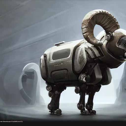 Image similar to ram sheep robot, intricate, sinister, futuristic, ultra realistic, hyper detailed, cinematic, digital art, artstation, trending,