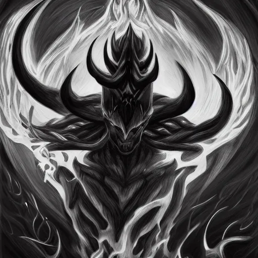 Image similar to full body grayscale drawing by Anato Finnstark of horned demon in dynamic pose, swirling flames