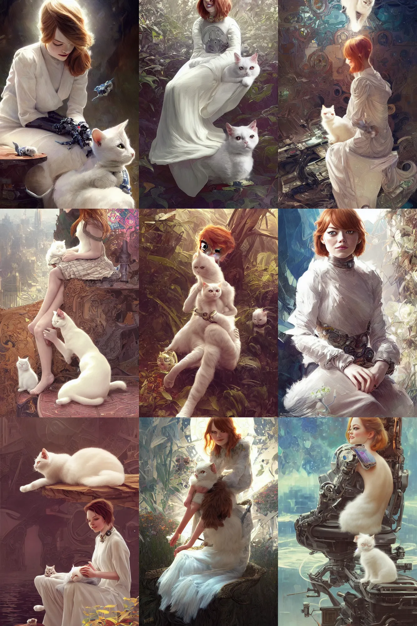Prompt: Ultra realistic illustration, robot Emma Stone sitting with a small white cat on her lap, sci-fi, fantasy, intricate, elegant, highly detailed, digital painting, artstation, concept art, smooth, sharp focus, illustration, art by artgerm and greg rutkowski and alphonse mucha