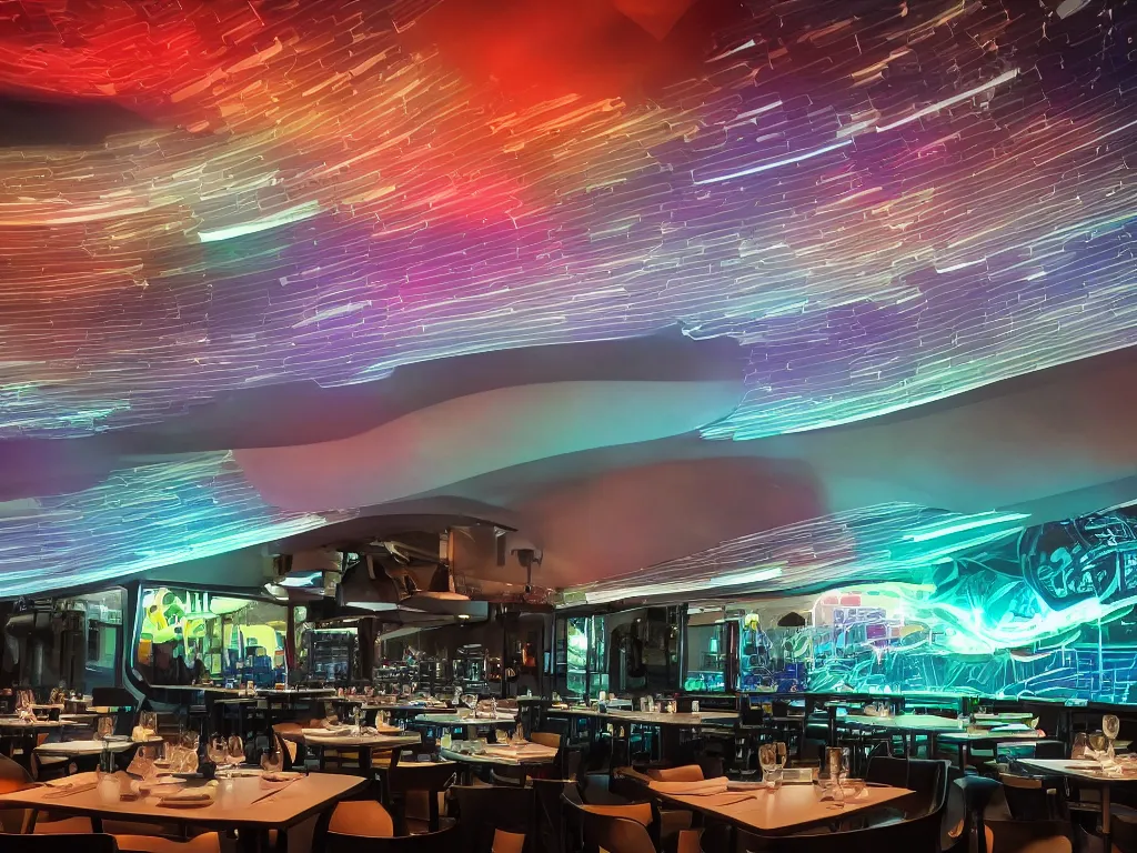 Image similar to visor with curved translucent visors projecting detailed sci - fi art, pixel perfect photograph, high contrast, volumetric lighting, thin glowing lights, restaurant, chairs, users, pair of keys