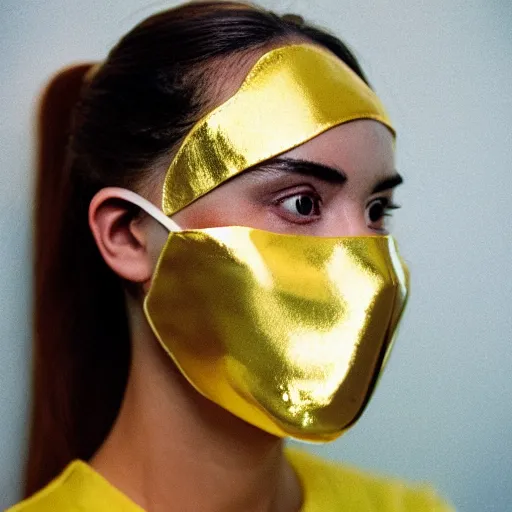 Prompt: photo of woman wearing a gold plated face mask, cinestill, 800t, 35mm, full-HD