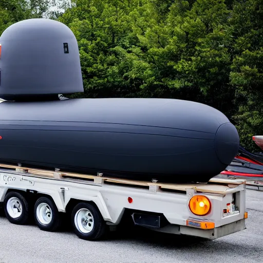 Image similar to mini navy submarine being transported on the back of a trailer