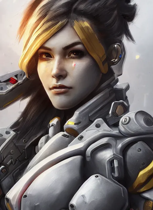 Image similar to a hyper realistic intricate detailed military tech advanced dangerous close up portrait of a female warrior wearing overwatch armor, zoom lens, concept art, photography, realistic, 8 k, vray, concept armor, artstation, deviantart