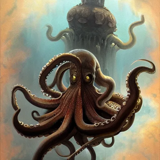 Image similar to a dream fantasy painting of a octopus eat a man in the deep of the ocean, by beksinki, giger, greg rutkowski, carne griffith trending on artstation, deviantart, photorealism