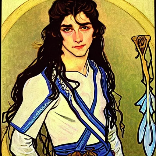 Image similar to portrait painting of young handsome beautiful paladin elf!! man with long! wavy dark hair in his 2 0 s named taehyung adam at the blueberry party, wearing armor!, long hair, elf ears, blue eyes, blueeyes!, elegant, delicate, soft facial features, art, art by alphonse mucha, vincent van gogh, egon schiele,