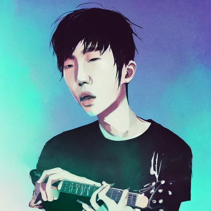 Image similar to a young korean man wearing black t shirt plays electric guitar on stage, dramatic lighting, glowy, matte colors, fascinating music, by conrad roset, dramatic brush painting, trending on artstation