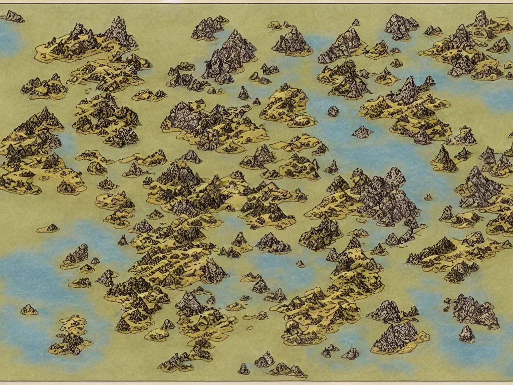Prompt: an isometric fantasy map of a continent, the land of Odrua, uncluttered, bordered by ocean, with large grasslands, plains, hills, swamps, forests, prairie, mountains, lakes, hills, cities, coastlines, by brian froud by jrr tolkien in the dungeons and dragons and disney styles