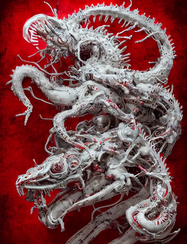 Image similar to legendary white dragon, red biomechanical details, wearing epic bionic cyborg implants, inflateble shapes, wires, tubes, red veins, jellyfish, masterpiece, intricate, biopunk, highly detailed, artstation, concept art, cottage core, cinematic focus, polaroid photo, bleached, vintage, high - key lighting, soft lights, foggy, by tarkovsky, 8 k