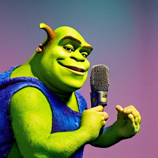 Prompt: shrek shouting into a handheld microphone on stage broadway promotional shot