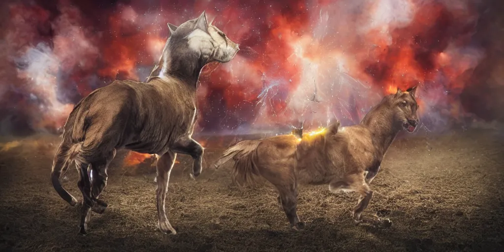 Prompt: cyborg cat sitting on a horse against the background of an explosion, punished, war, hyperrealistic, sharp focus, award winning photo