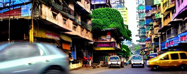 Image similar to streets of mumbai, future, mossy buildings