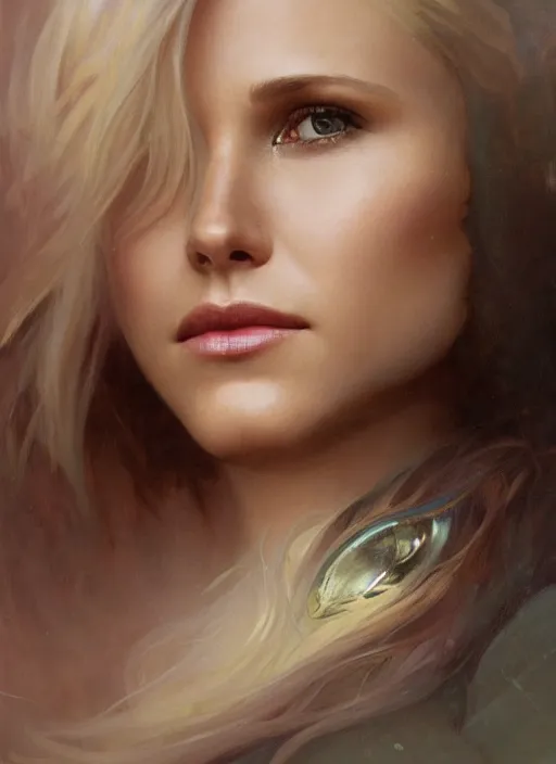 Prompt: beautiful portrait of kristen bell, soft features, by magali villeneuve and greg rutkowski and artgerm and alphonse mucha and jeremy lipkin and rob hay, intricate, elegant, highly detailed, photorealistic, trending on artstation, trending on cgsociety, 8 k, sharp focus