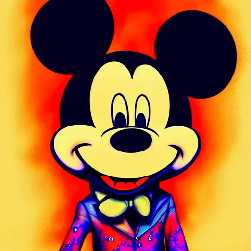 Prompt: an extremely psychedelic portrait of mickey mouse, surreal, lsd, face, detailed, intricate, elegant, lithe, highly detailed, digital painting, artstation, concept art, smooth, sharp focus, illustration