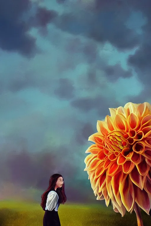 Image similar to closeup giant dahlia flower head, girl in a suit, street, surreal photography, blue sky, sunrise, dramatic light, impressionist painting, digital painting, artstation, simon stalenhag