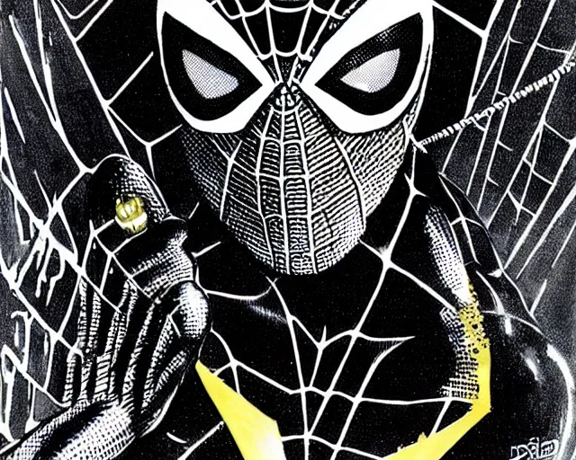 Image similar to photorealistic sketch of black spider - man with gold webbing by steve ditko