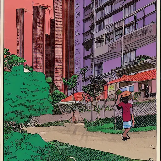 Prompt: snapshot of a person in a singaporean neighbourhood, by moebius