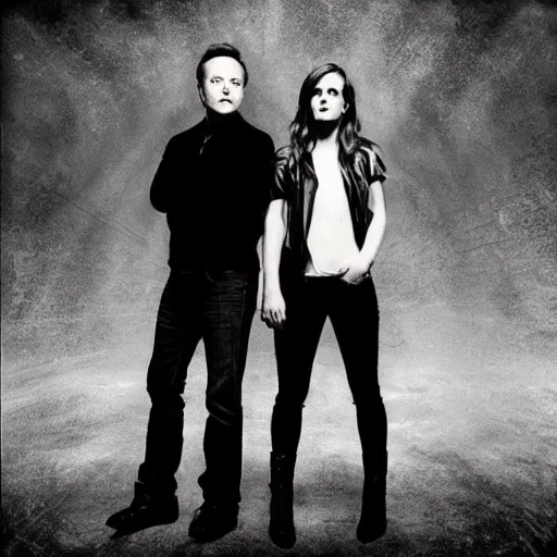 Image similar to elon musk and emma watson on a metal album cover