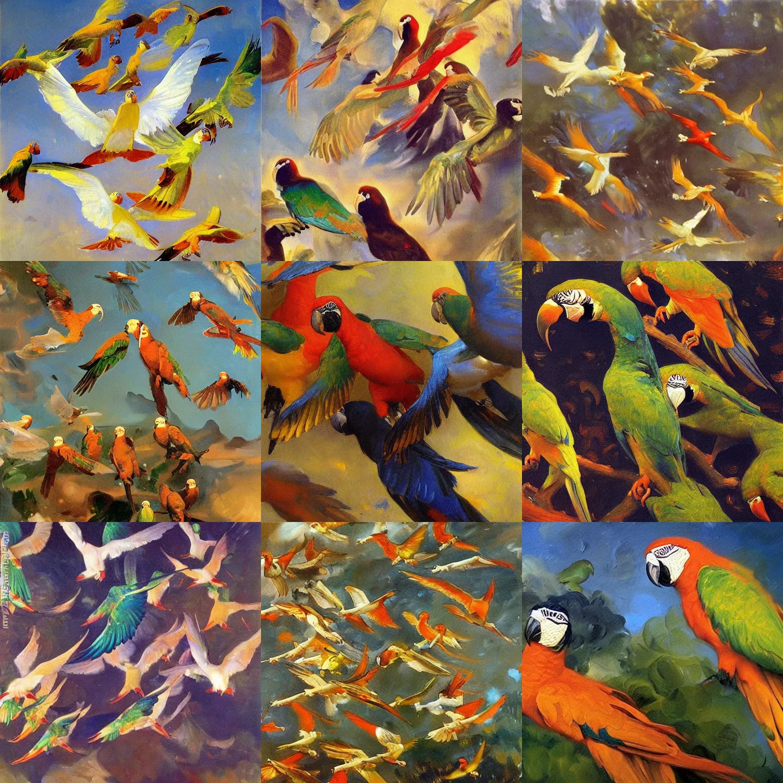 Prompt: A beautiful, detailed oil on canvas painting, by John Singer Sargent, of one billion parrots flying.