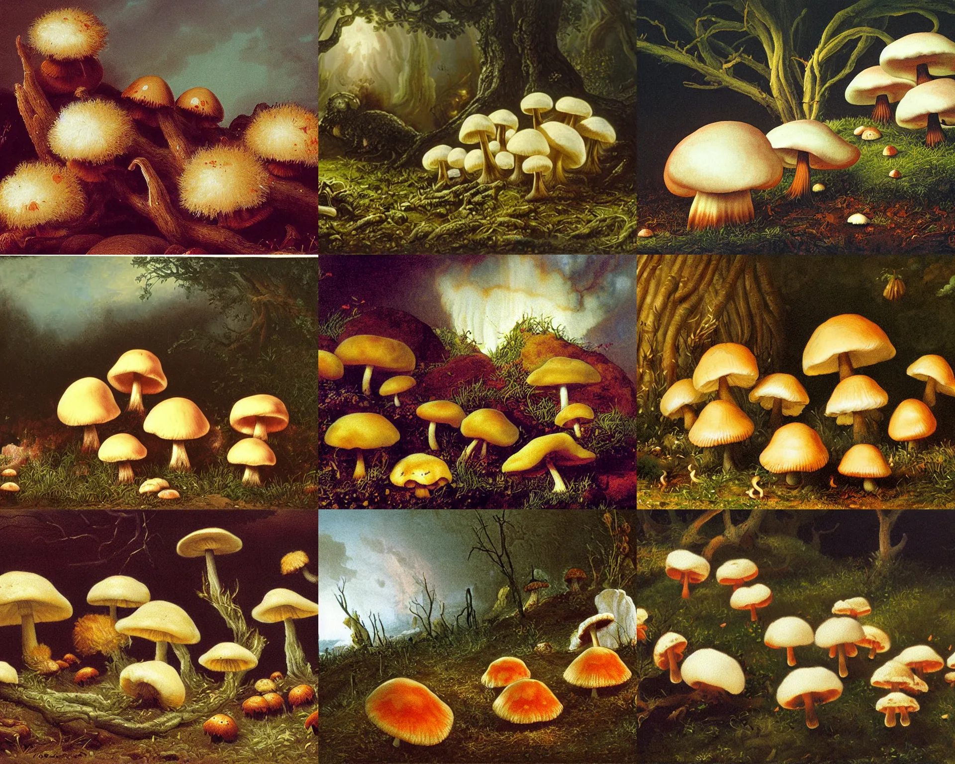 Prompt: painting of cute fluffy bloody mushrooms crawling on glowing ground by karl friedrich schinkel