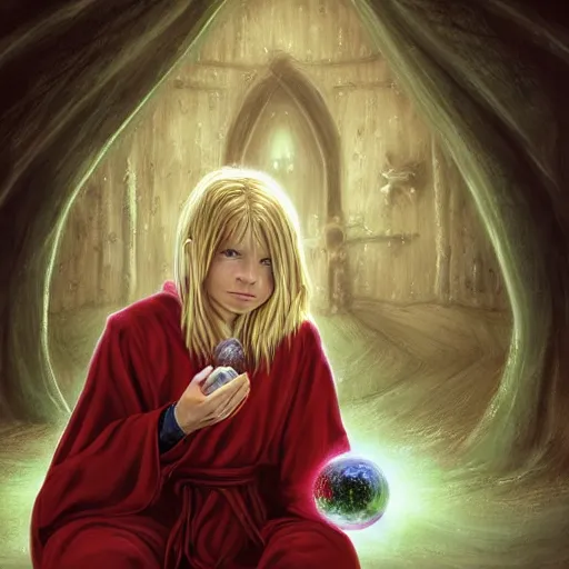 Prompt: Portrait of a 12 year old white boy with blond medium length hair, sitting cross-legged, wearing red sorcerer's robes, holding a crystal orb in his hands and gazing into it, inside of a cabin, Dungeon's & Dragons, digital illustration, deviantart, matte fantasy painting, by Jason Felix by Steve Argyle by Tyler Jacobson by Peter Mohrbacher