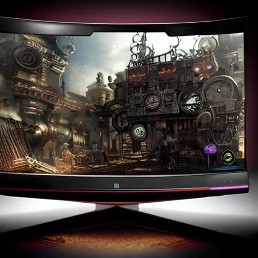 Image similar to a steampunk gaming monitor,ultra mega crazy unimaginably highly realistic and detailed