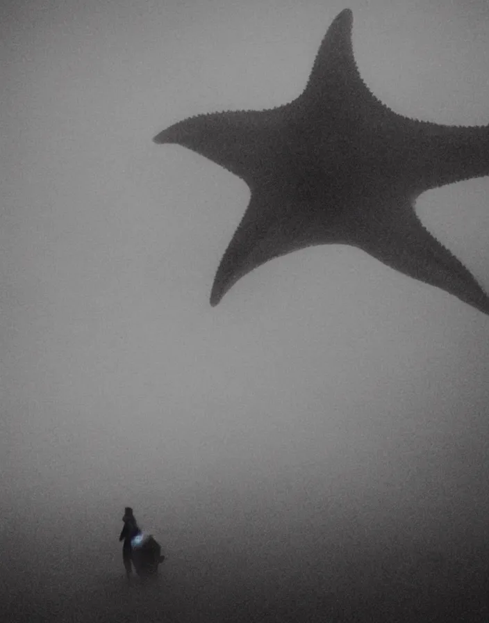 Image similar to very low - resolution found footage of a kaiju starfish monster, fog, foggy, korean film noir, monochrome, red hue, thriller, underdeveloped, epic, dramatic