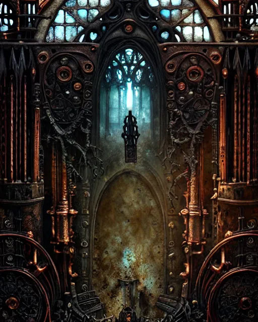 Image similar to steam necropolis, memento mori, gothic, neo - gothic, art nouveau, hyperdetailed copper patina medieval icon, stefan morrell, philippe druillet, ralph mcquarrie, concept art, steampunk, unreal engine, detailed intricate environment, octane render, moody atmospherics, volumetric lighting, ultrasharp, ominous, otherworldly