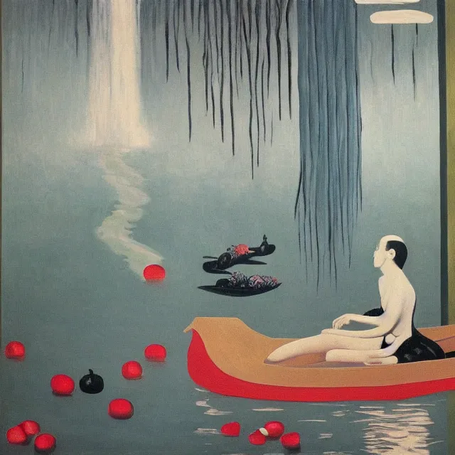 Image similar to painting of flood waters inside an apartment, taps with running water, tall female emo art student, a river flooding inside, tangelos, zen, pigs, ikebana, water, river, rapids, waterfall, black swans, canoe, pomegranate, berries dripping, acrylic on canvas, surrealist, by magritte and monet