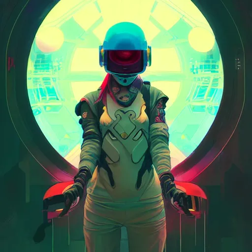 Prompt: a beautiful painting of a cyberpunk girl with a helmet by sachin teng and pascal blanche and alphonse mucha! and ruan jia! and josan gonzalez!. in style of conceptual art. colorful comic, film noirs, akira, brush stroke, vibrating colors, hyper detailed. octane render. trending on artstation