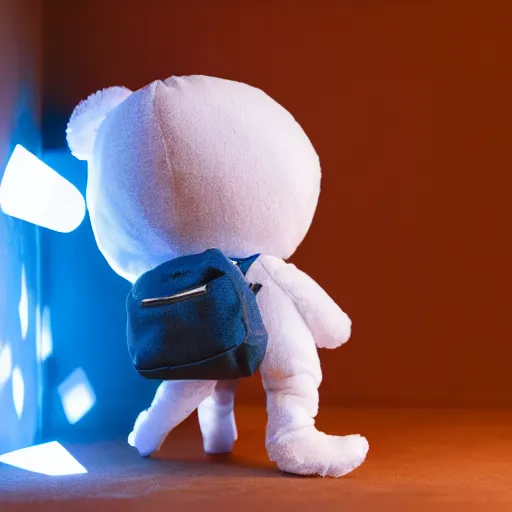 Prompt: cute fumo plush of a boy with a backpack who's ready to go out and explore the world, lens flare, leaving home, outline glow, vray