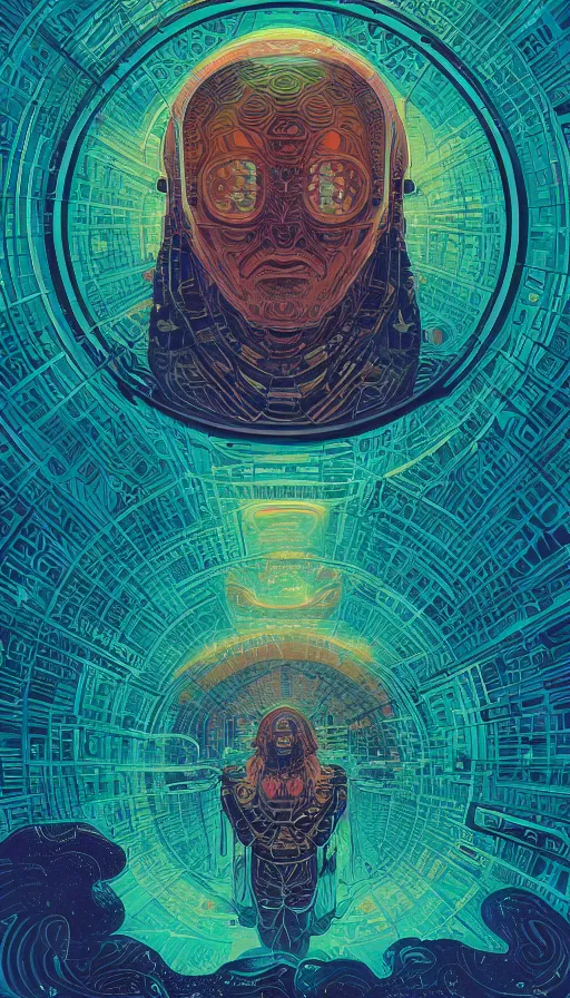 Prompt: the ancient oracle of cosmic travellers, futurism, dan mumford, victo ngai, kilian eng, da vinci, josan gonzalez