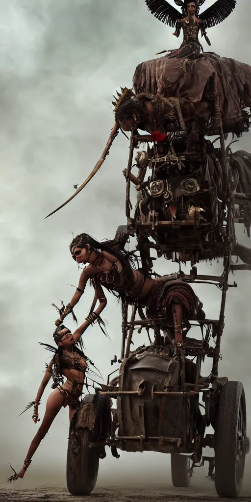 Prompt: vertical movie frame with ancient indian female standing on steam punk buggy, hunt, armor inspired by apocalypto and fashion, strong blooded body, brutal blooded sluty symmetrical face, epic, award winning, establishing shot, extremely high detail, photorealistic, brutal, provocative, octane render, editorial, extreme sports photography