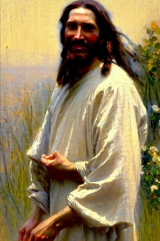 Image similar to impressionist brushstrokes!!!!!!!!! solomon joseph solomon and richard schmid and jeremy lipking victorian loose genre loose painting full length portrait painting of jesus with a slight smile happy inviting