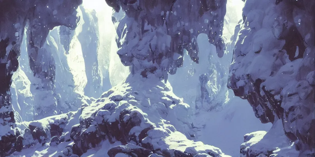 Prompt: ”snowy cavern with small shiny diamonds, light coming through, volumetric lighting, beautiful, by syd mead”