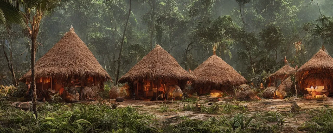 Image similar to an intricate concept art of a tribal hut in the middle of the amazon rainforest, artstation, sci - fi, hyper realistic, concept art, art by dylan cole, cinematic lighting, octane render