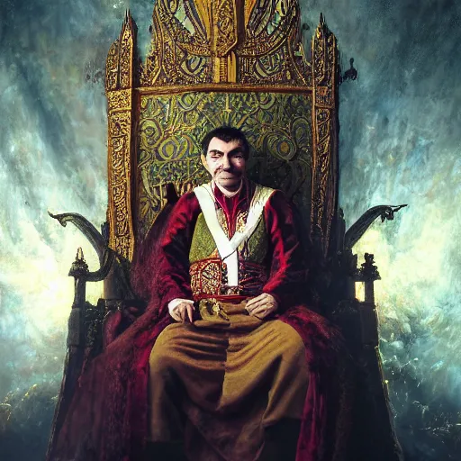 Image similar to A portrait of Mr. Bean depicted as a medieval king on throne, very close-up shot, atmospheric lighting, painted, intricate, volumetric lighting, beautiful, rich deep colours masterpiece, golden hour, sharp focus, ultra detailed, by Leesha Hannigan, Ross Tran, Thierry Doizon, Kai Carpenter, Ignacio Fernández Ríos