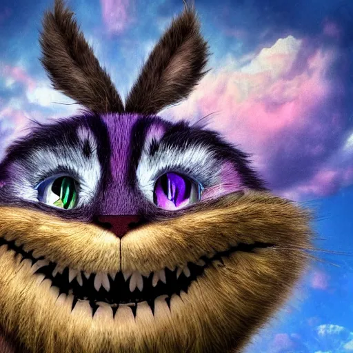 Image similar to the Cheshire cat smiling from a cloud he's sitting on in the sky high level of detail 8k style of LUKE BROWN