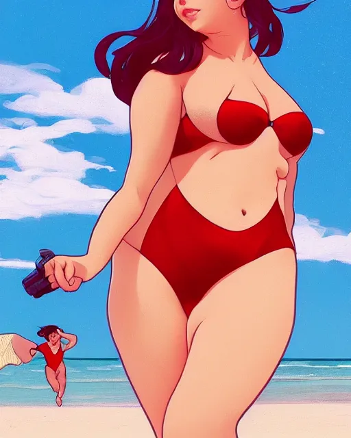 Prompt: portrait of cute chubby barbara palvin in red swimsuit running on the beach, ambient lighting, 4 k, lois van baarle, ilya kuvshinov, rossdraws, alphonse mucha, jung gi kim, artstation