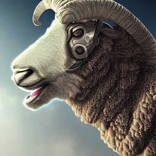 Image similar to ram sheep, intricate, futuristic, ultra realistic, hyper detailed, cinematic, digital art