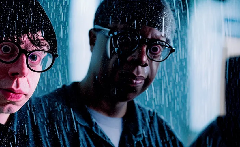 Image similar to cinestill 5 0 d candid photographic portrait by david cronenberg of todd solondz francis black, modern cyberpunk moody emotional cinematic, closeup, pouring rain menacing lights shadows, 8 k, hd, high resolution, 3 5 mm, f / 3 2, ultra realistic faces, ex machina