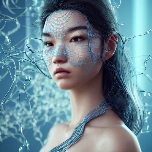 Image similar to intricate highly detailed face portrait of asian - european woman, light blue water vines on her face, intricate, cgsociety, unreal engine, octane render, sharp focus, smooth, volumetric lighting, cinematic composition, artstation