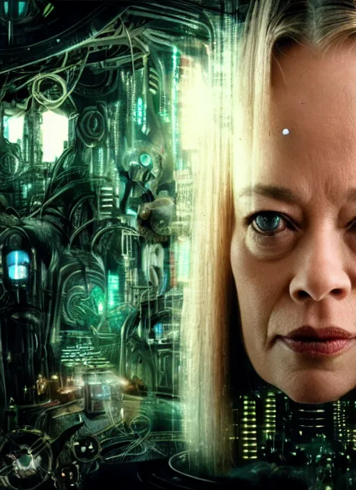 Image similar to 35mm portrait of an intricate and sophisticated borg with the face of Jeri Ryan , on the background of a weird magical mechanical forest. Round gears visible inside her hear. Very detailed 8k. Fantasy cyberpunk horror. Sharp. Cinematic post-processing
