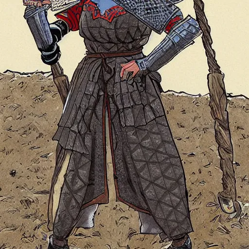 Prompt: a rustic woman wearing medieval armor, by yusuke murata