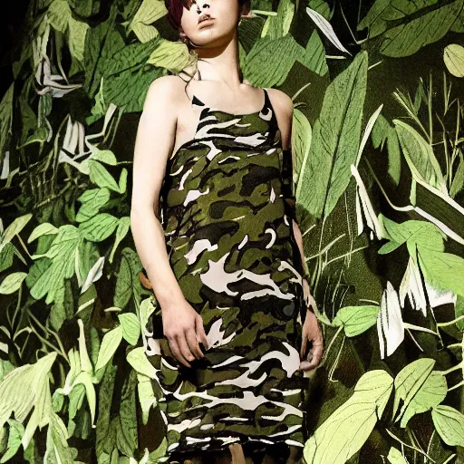 Prompt: female character wearing a camouflage dress by yohji yamaoto in a dense misty jungle the style of mamoru oshii