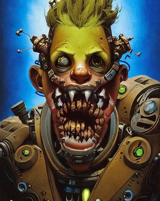 Prompt: junkrat from overwatch, character portrait, portrait, close up, concept art, intricate details, highly detailed, vintage sci - fi poster, in the style of chris foss, rodger dean, moebius, michael whelan, and gustave dore