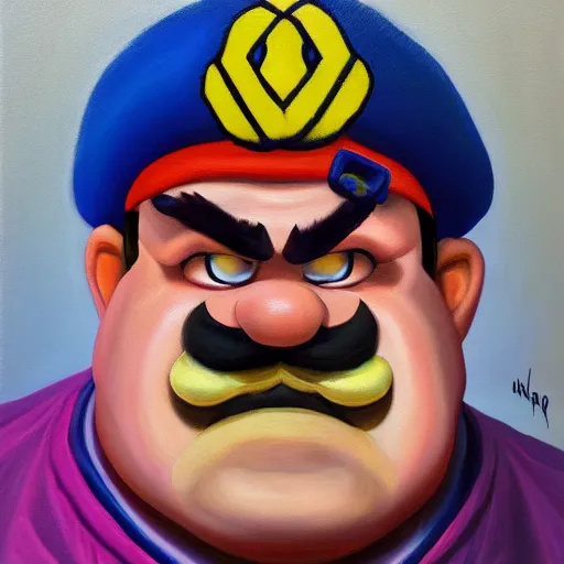 Image similar to Still oil painting of Wario. 8k. Trending. Good lighting.